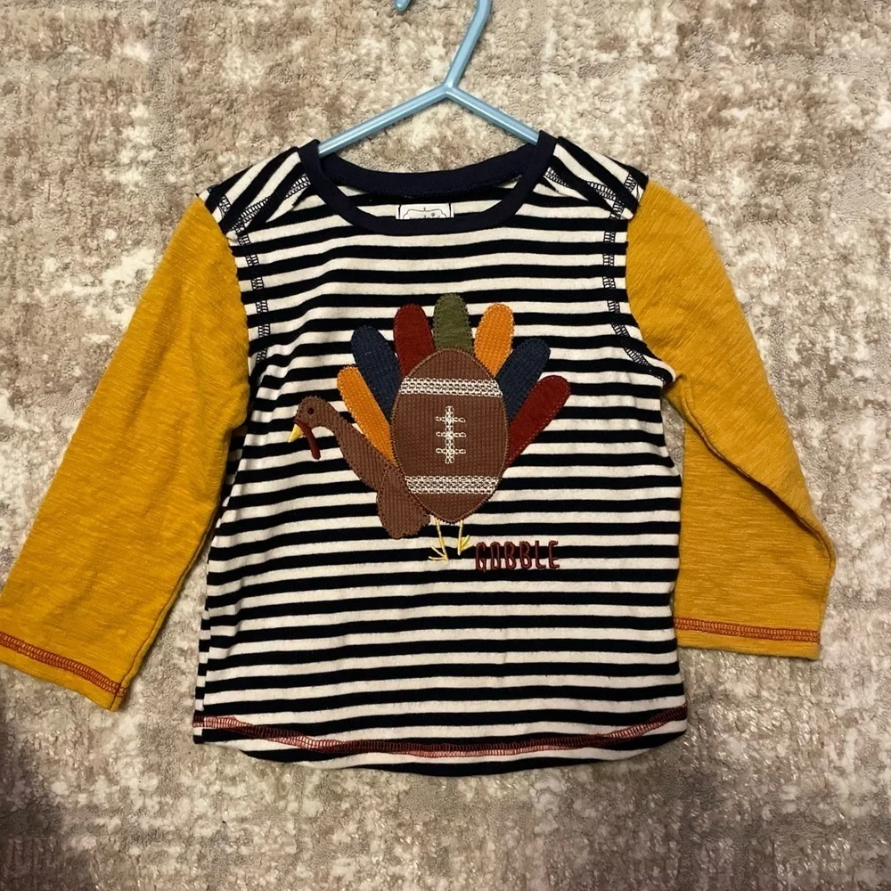 Mud Pie Kids Shirt with Turkey Appliqué - Navy and Mustard size 12–18M